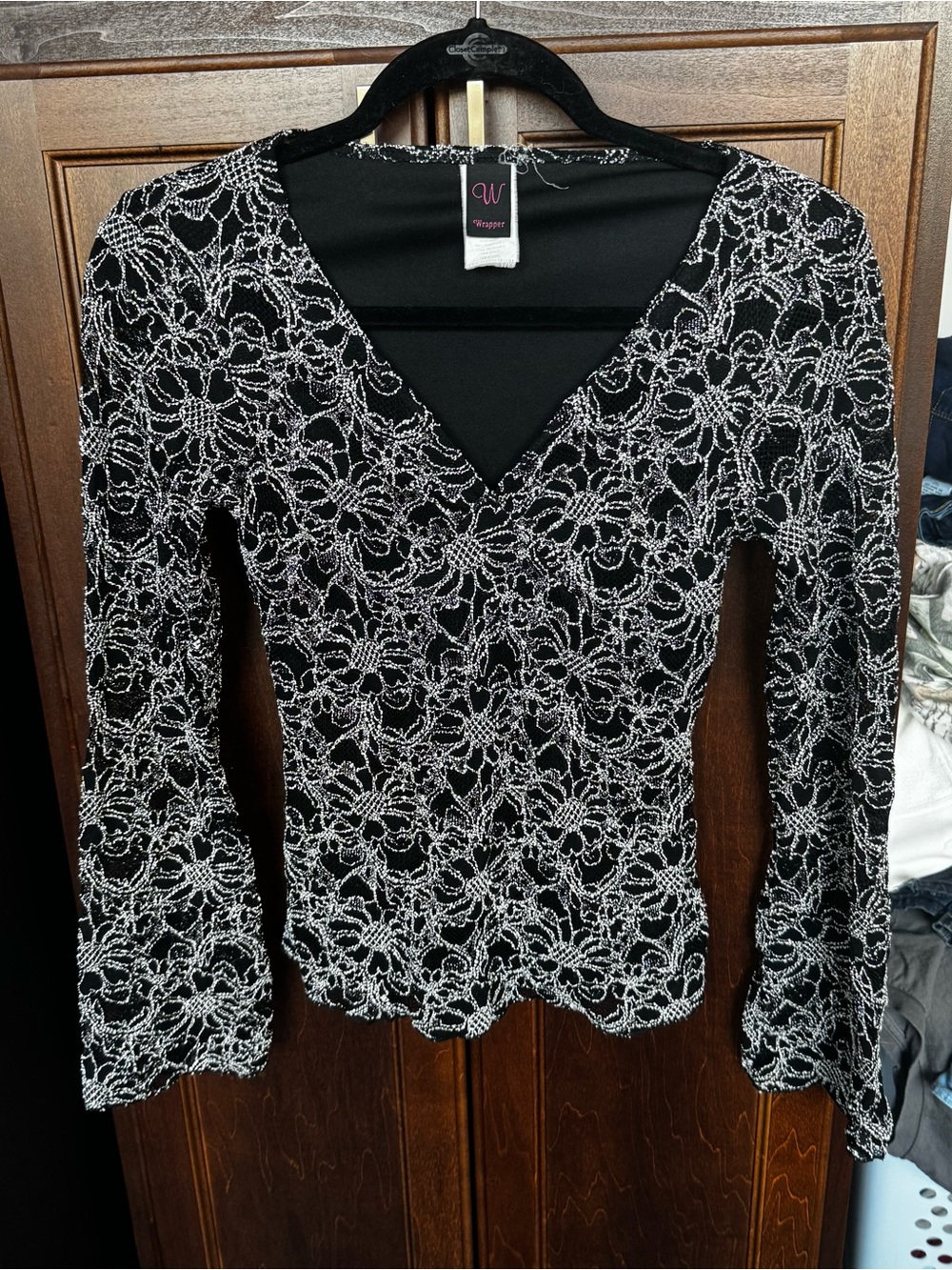 Y2K Wrapper Black Silver Metallic Floral Lace V-Neck Top Whimsigoth Fairy M